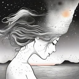 A drawing of a side face women in a sunset at the beach with a back colliding galaxies from colors to back and white