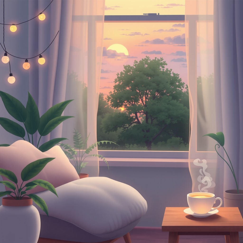 A serene and calming chill aesthetic animation scene depicting a cozy room with soft lighting and pastel colors