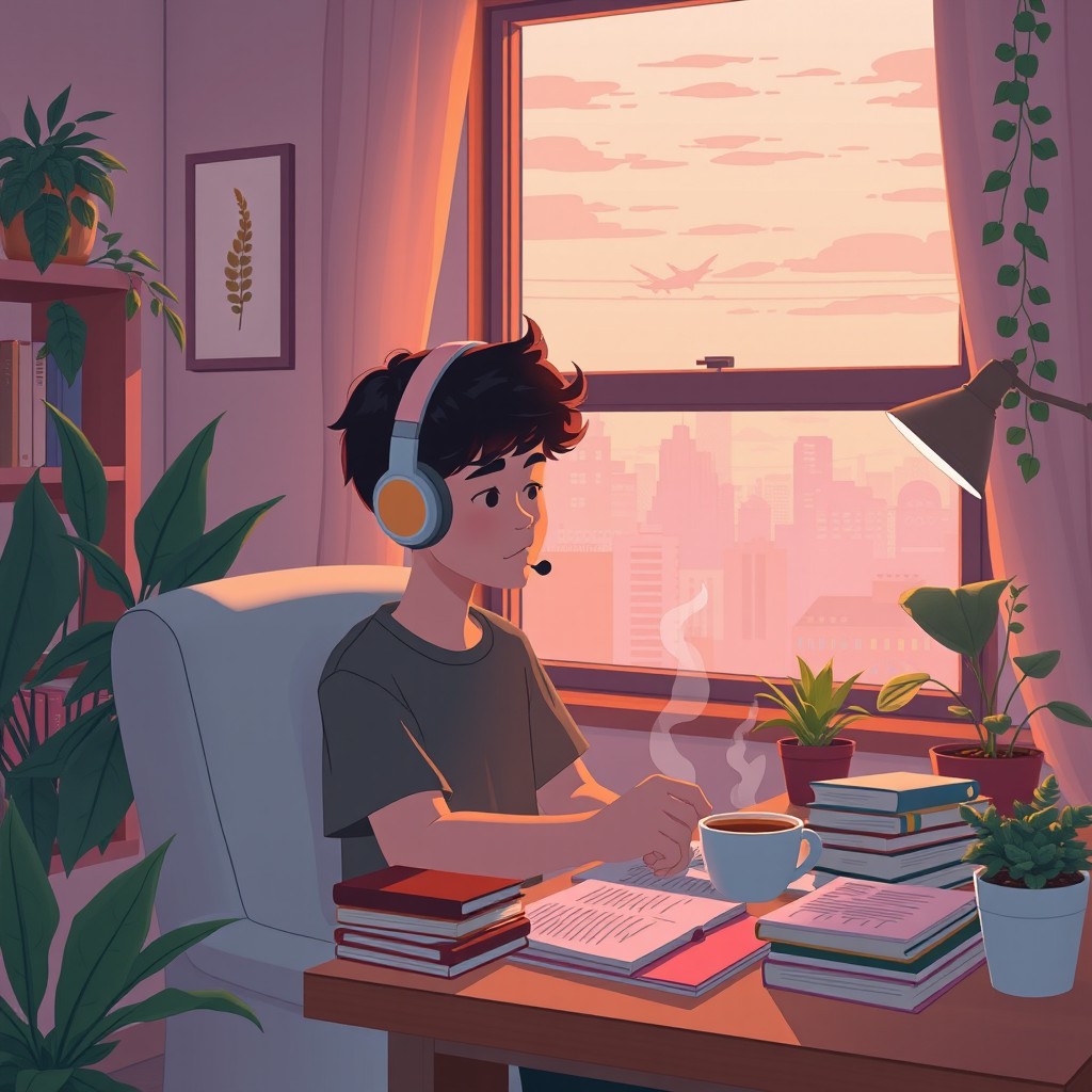 A serene and visually appealing lofi animation scene showcasing a cozy room filled with warm lighting, decorated with plants and a comfortable armchair