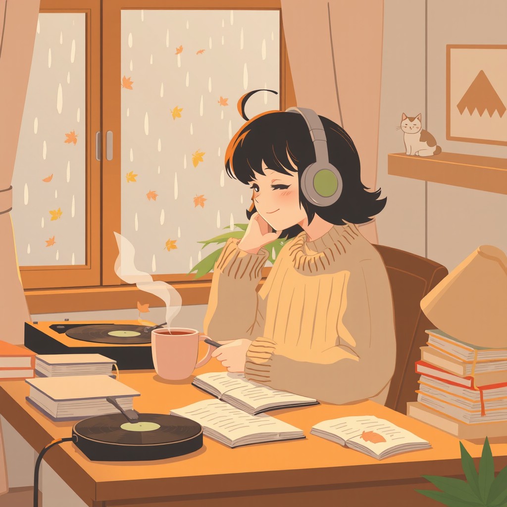 A calming lofi animation scene featuring a cozy room with warm lighting, a window view that shows a gentle rain falling outside