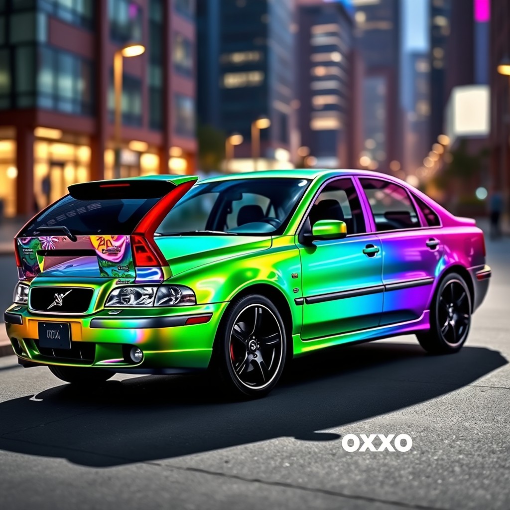A 2000 Volvo S40 S in a simple factory design wrapped in an eye-catching toxic green rainbow foil