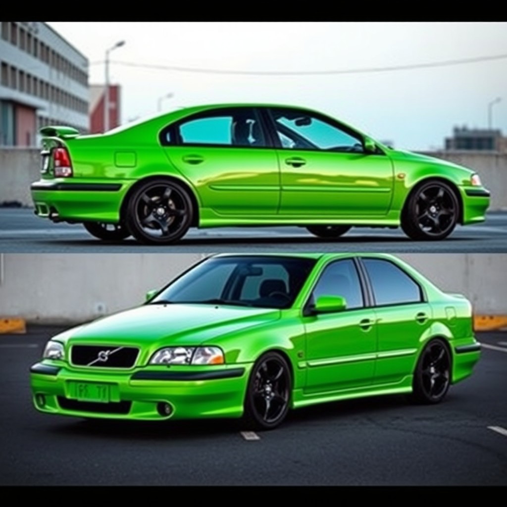 A 2000 Volvo S40 S in a simple factory design, wrapped in striking toxic green vinyl