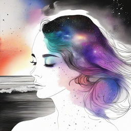 A drawing of a side face women in a sunset at the beach and a background with colliding galaxies from colors to back and white