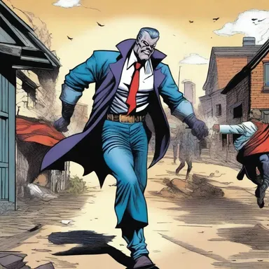 In the comic book, the villain runs roughshod over the innocent townspeople, leaving destruction in their wake.