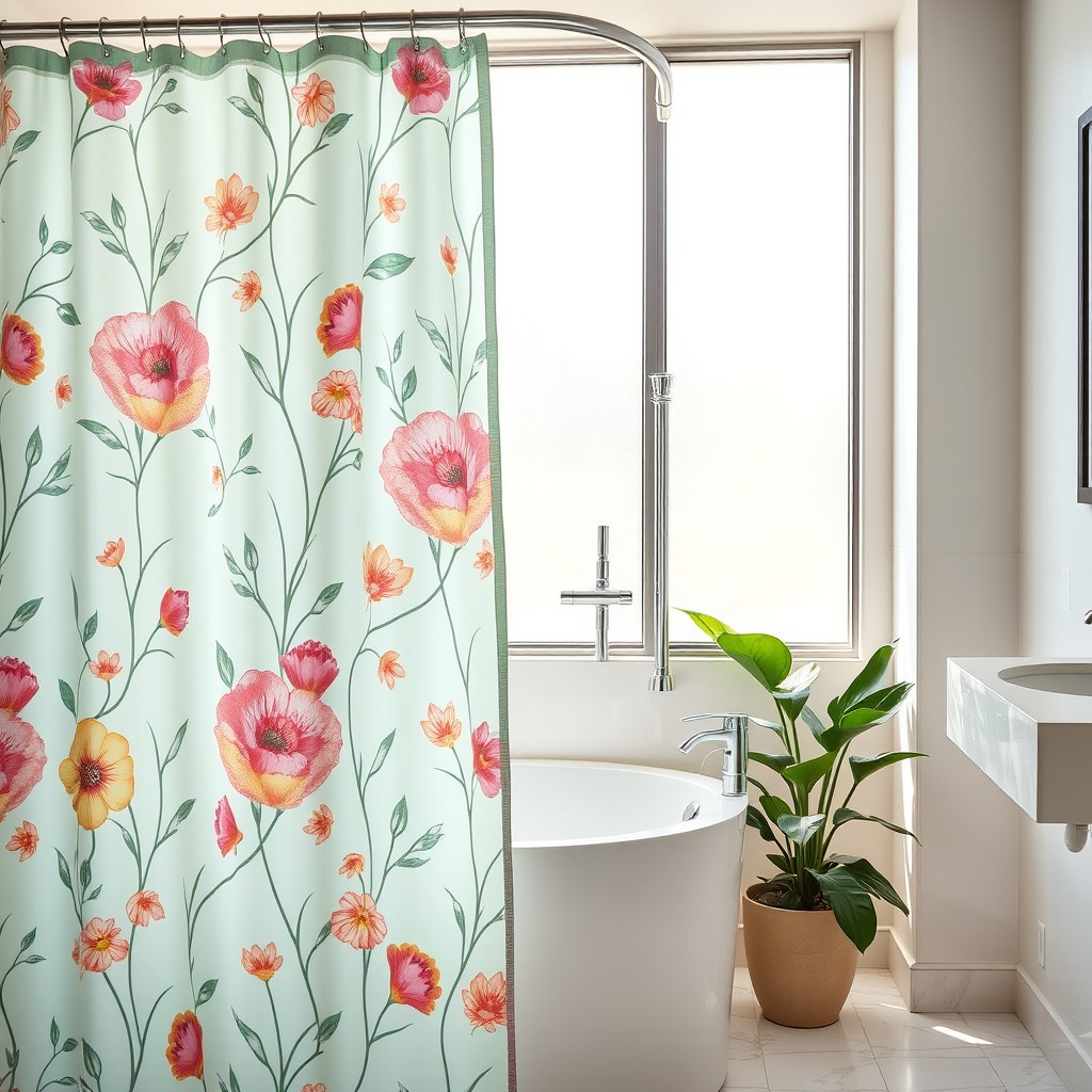 A beautifully designed bathroom featuring a stylish shower curtain with a vibrant floral pattern
