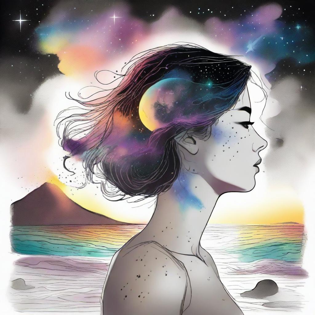 A drawing of a side face women in a sunset at the beach and a background with colliding galaxies from colors to back and white