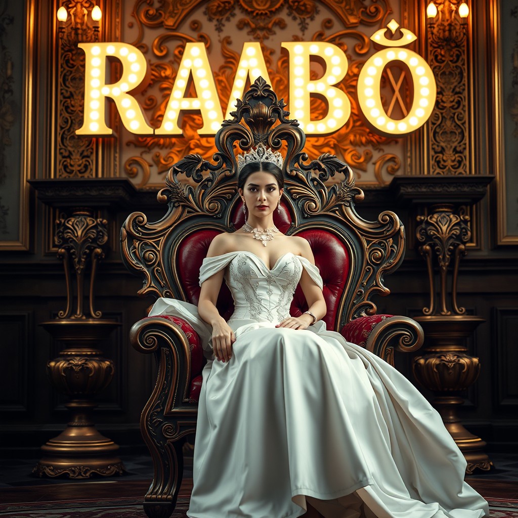 A stunning room featuring a beautiful queen seated on an ornate throne