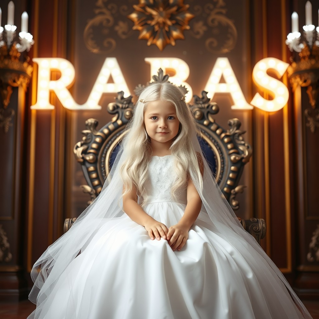A beautiful young girl with long flowing white hair, elegantly dressed in a stunning white gown, sitting on a majestic queen's throne