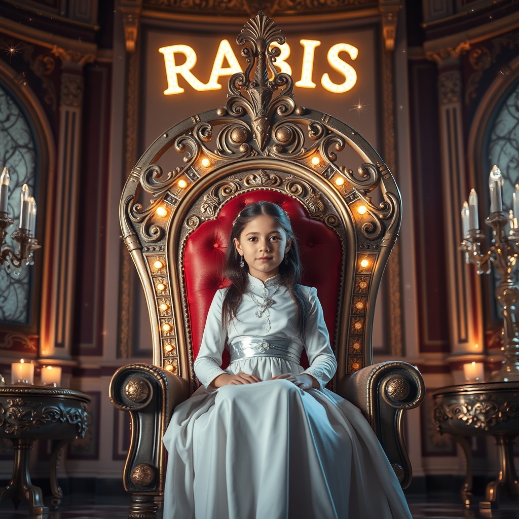 A stunningly lit room filled with sparkling light where a beautiful girl dressed in elegant white attire sits on a queen's throne