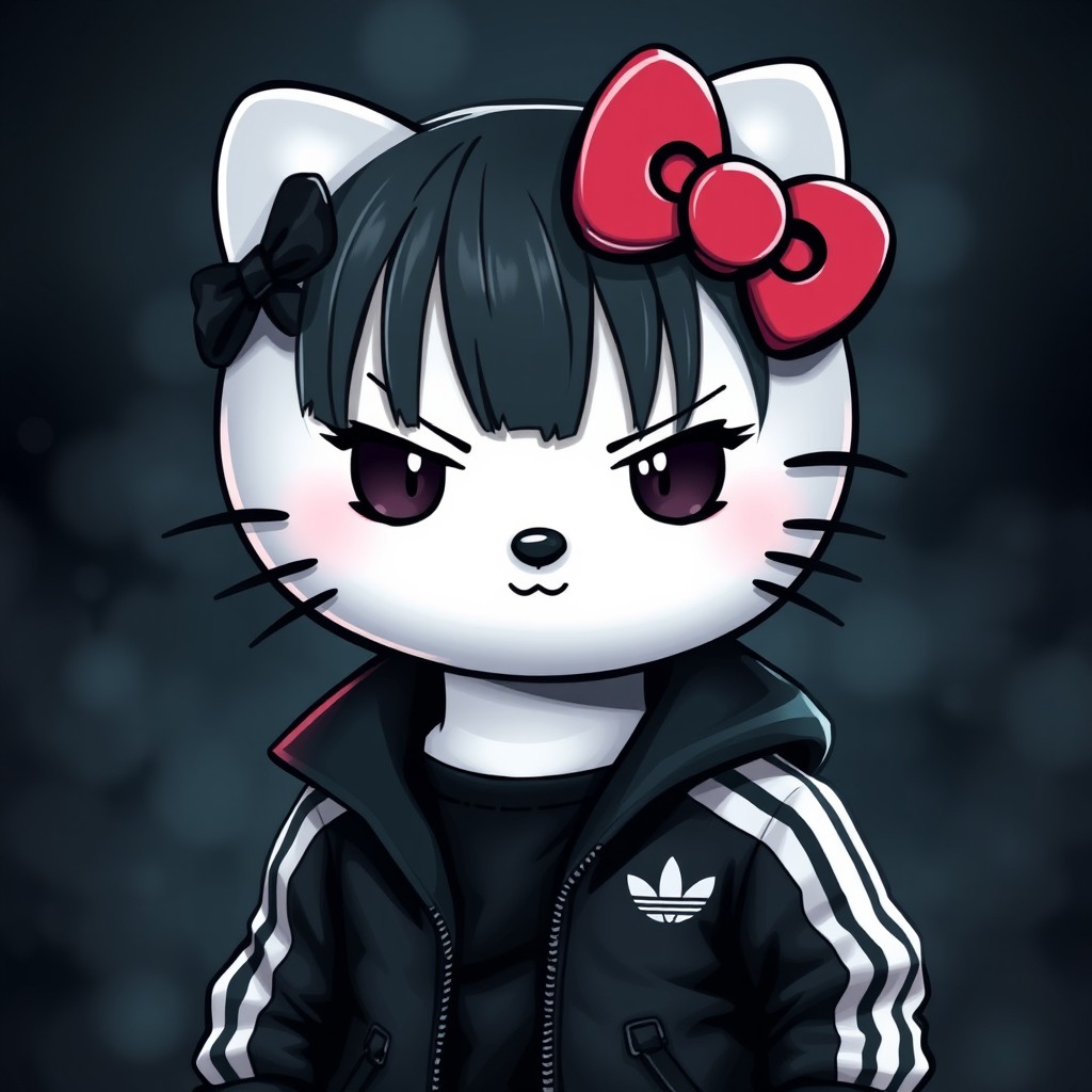 A gothic version of Hello Kitty, featuring a distinct fringe hairstyle, dressed in a stylish Adidas jacket