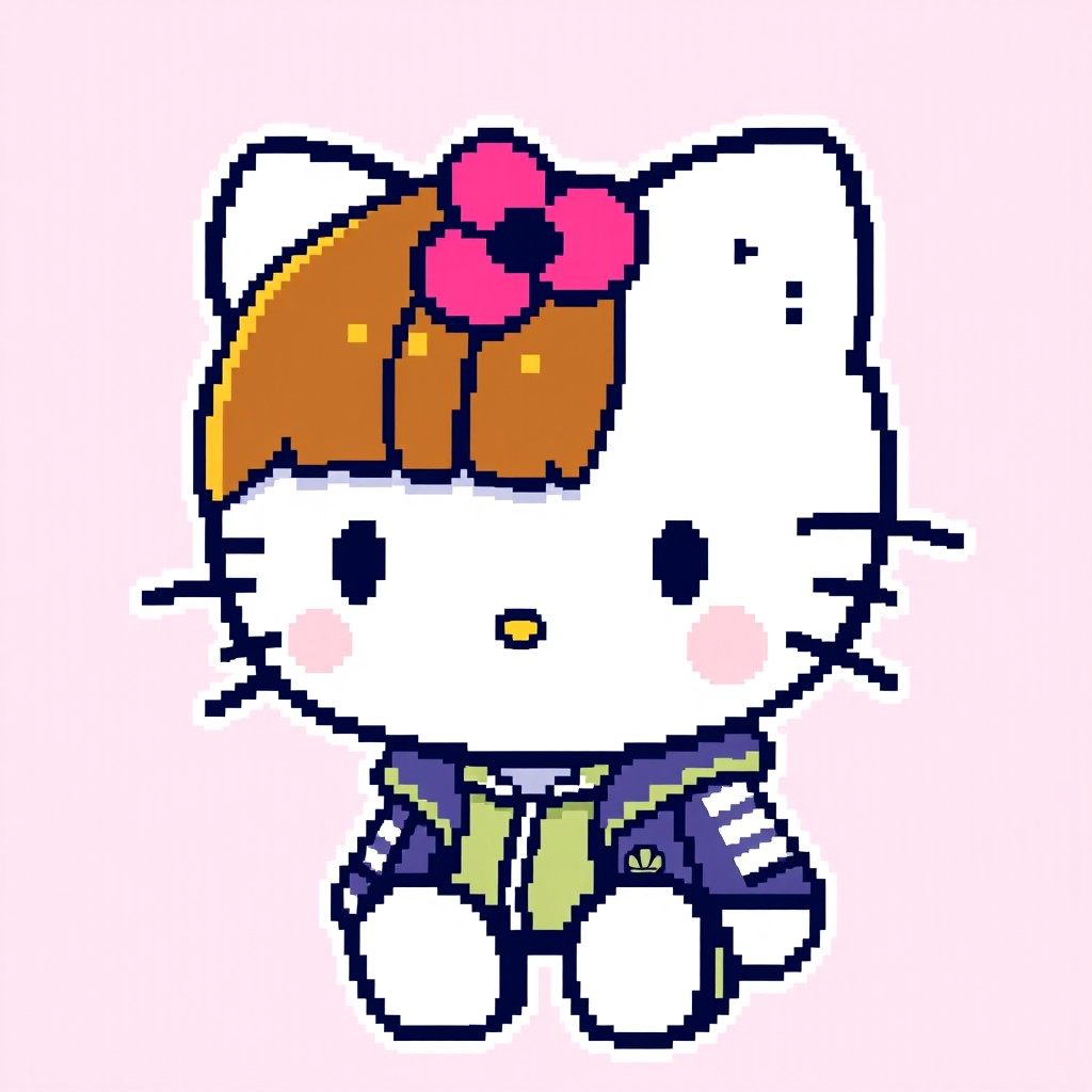 An 8-bit version of Hello Kitty, featuring an outlined design and a fringe hairstyle