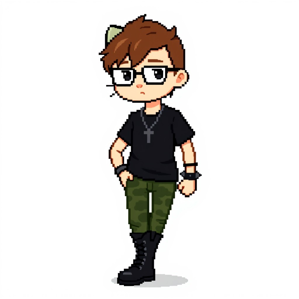 A pixel art representation of a character inspired by Hello Kitty, featuring a male figure with brown hair