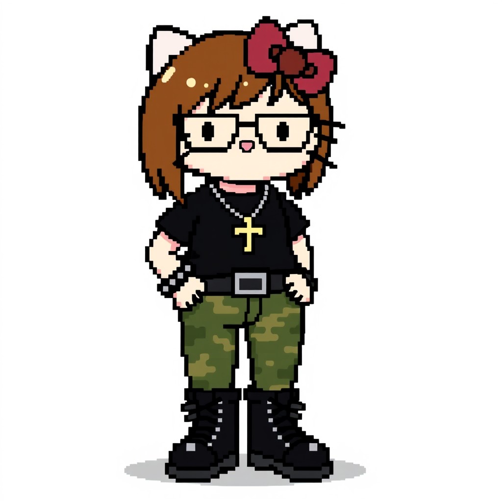A pixel art representation of a character inspired by Hello Kitty, featuring a figure with brown hair and no bow