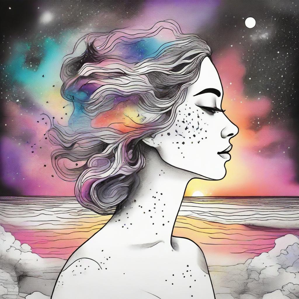 A drawing of a side face women in a sunset at the beach and a background with colliding galaxies from colors to back and white