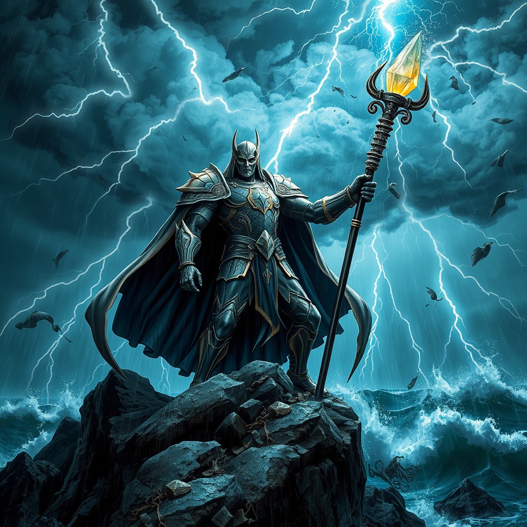 An imposing figure known as 'El Guardián de las Tormentas', standing atop a rocky cliff during a fierce thunderstorm