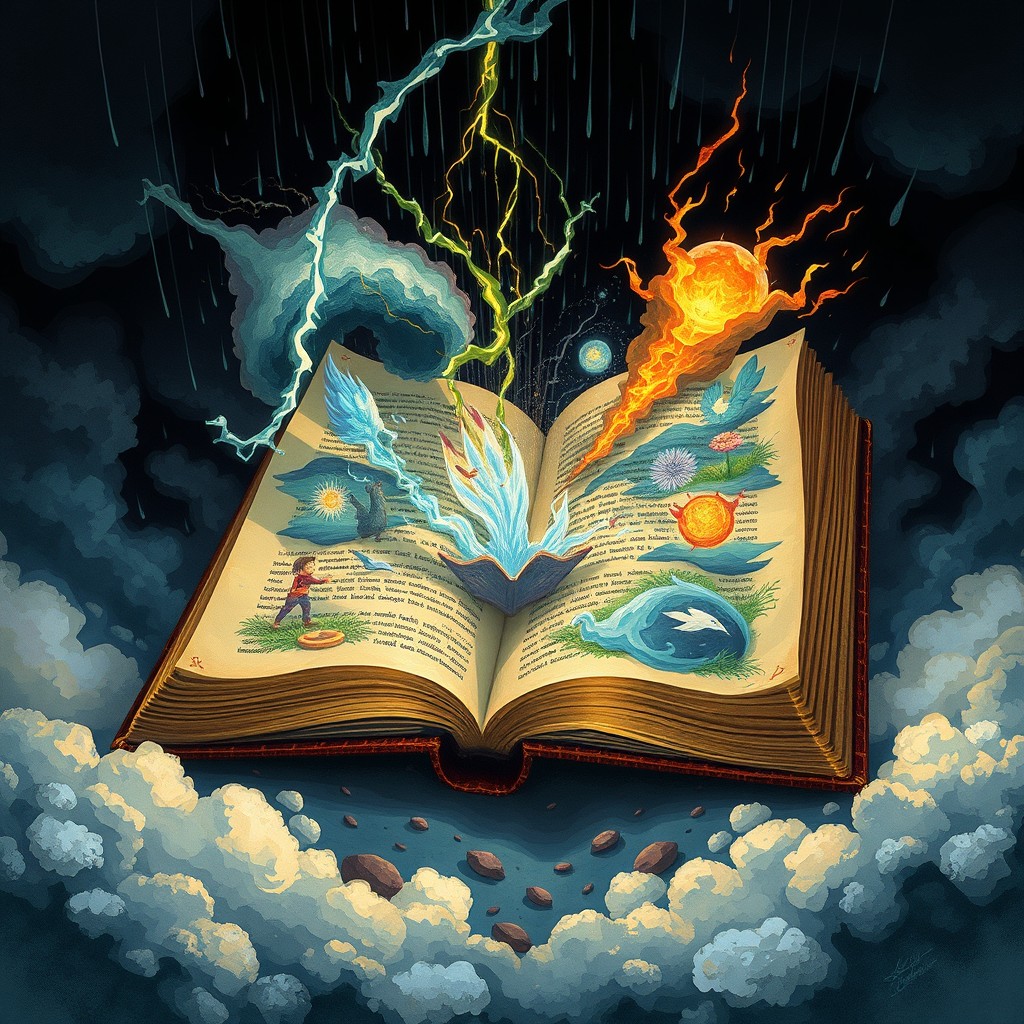 A visually striking illustration inspired by 'Tormentas de un libro'