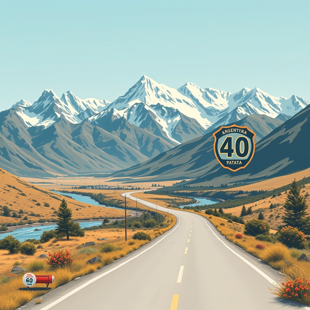A vintage-style illustration of Argentine Patagonia showcasing its majestic snow-capped mountains and prominent hills, featuring the legendary Route 40, complete with its logo