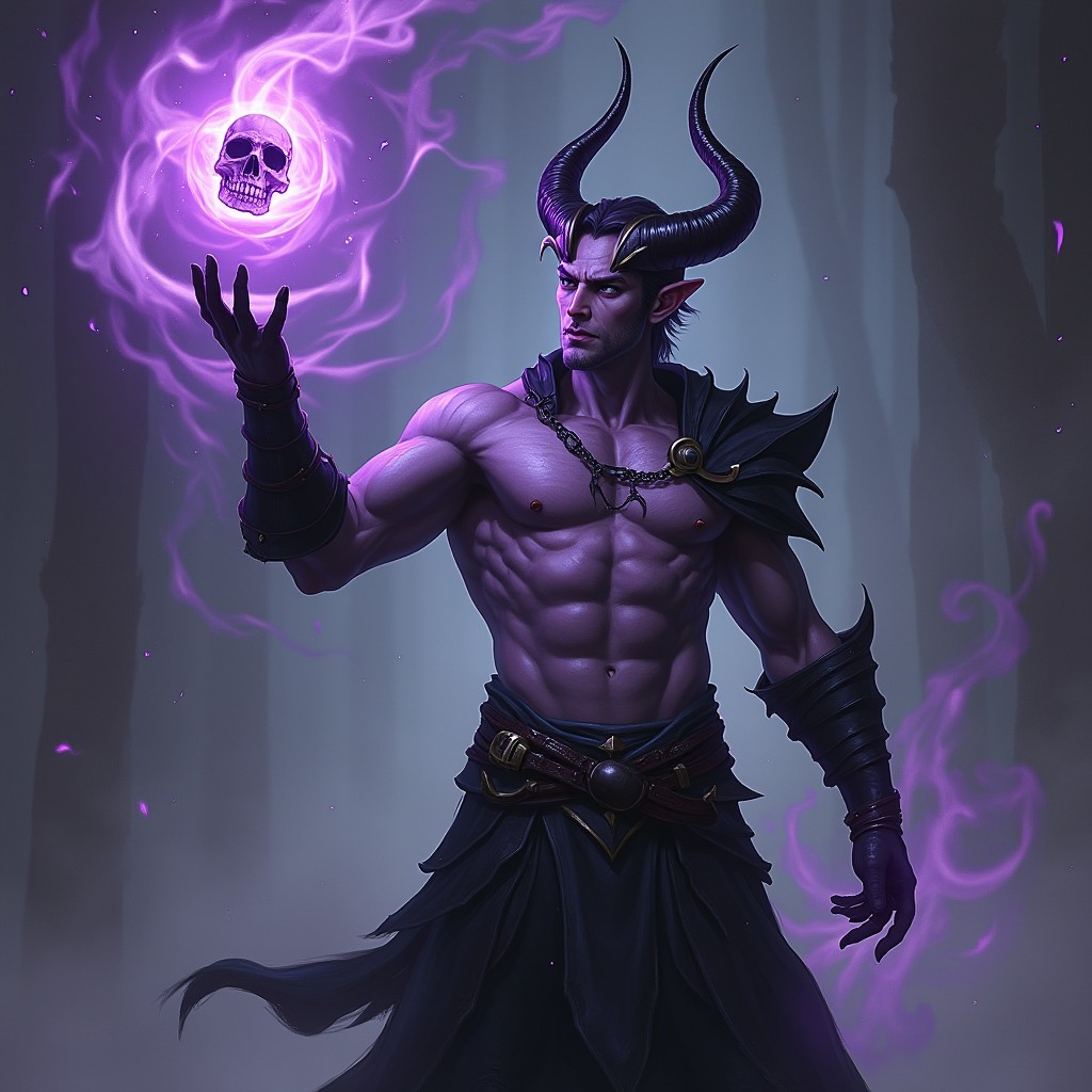 A male tiefling character, featuring distinct curved horns and a toned build, dressed in sleek black leather armor that accentuates his physique
