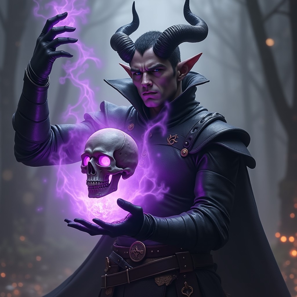 A male tiefling, characterized by his striking features and pointed horns, dressed in sleek black leather armor that appears textured and battle-worn