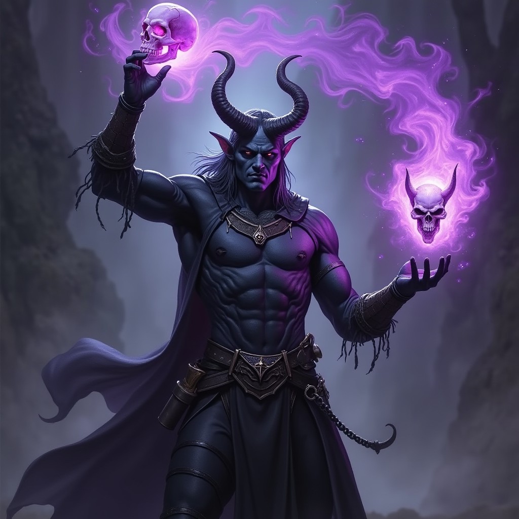 A male tiefling warlock, featuring prominent horns and an alluring yet fierce expression, depicted in sleek black leather armor that fits snugly, accentuating his muscular build