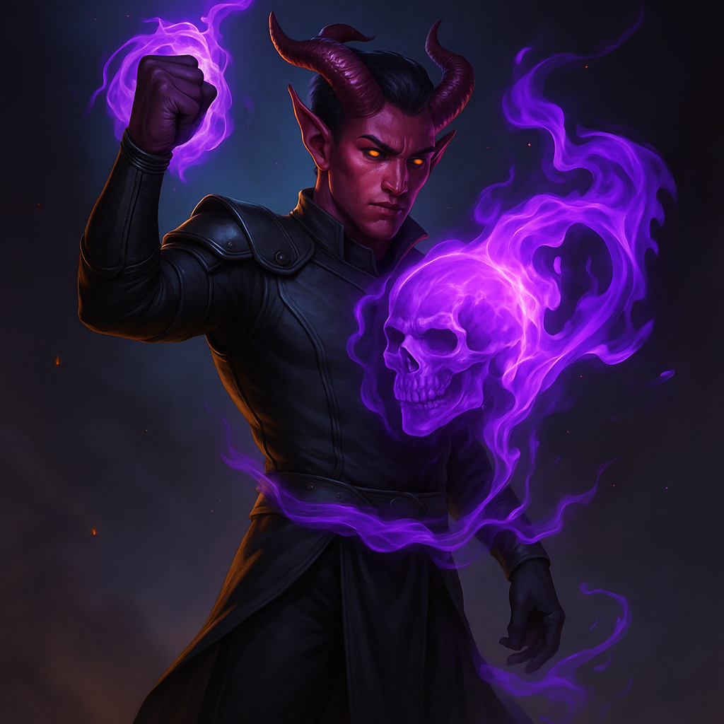 A striking male tiefling warlock character, with prominent horns and a confident expression, dressed in sleek black leather armor
