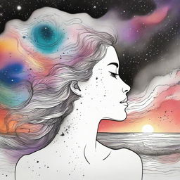 A drawing of a side face women in a sunset at the beach and a background with colliding galaxies from colors to back and white