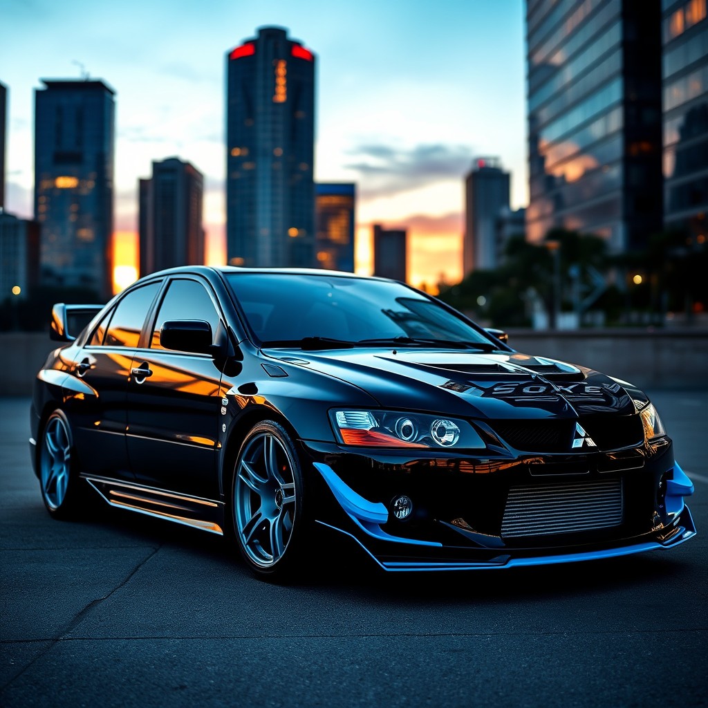 A sleek and sporty Mitsubishi Evo 7, painted in a stunning combination of black and light blue
