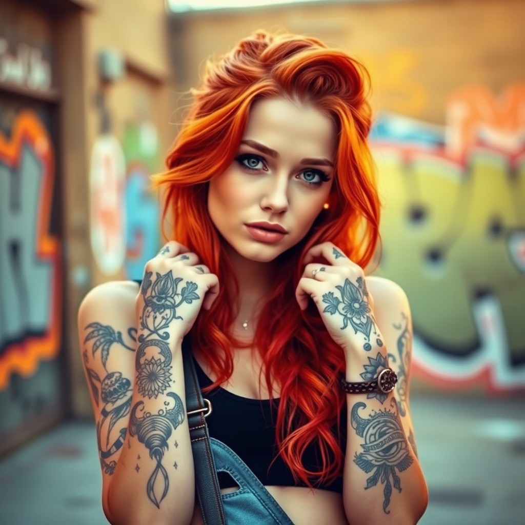 A cool ginger girl with vibrant red hair, styled in loose waves, showcasing intricate tattoos on her hands