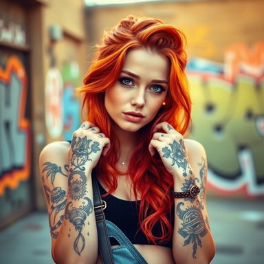 A cool ginger girl with vibrant red hair, styled in loose waves, showcasing intricate tattoos on her hands