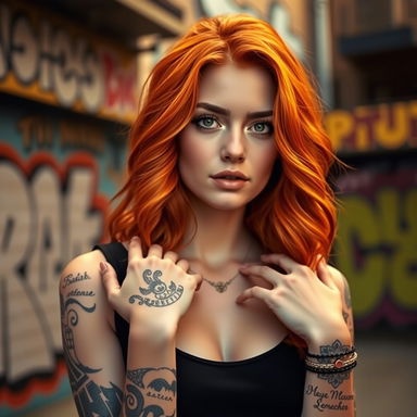 A cool ginger girl with vibrant red hair, styled in loose waves, showcasing intricate tattoos on her hands