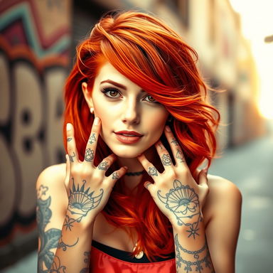 A cool ginger girl with vibrant red hair, styled in loose waves, showcasing intricate tattoos on her hands