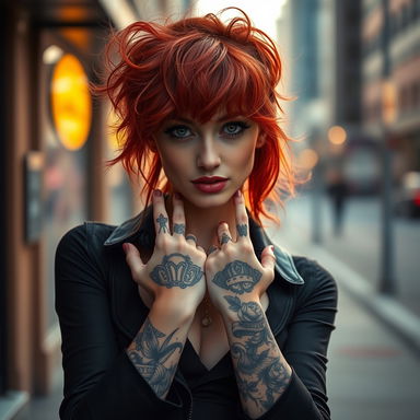 A sexy ginger girl with striking red hair styled in tousled waves, showcasing an array of detailed tattoos on her hands
