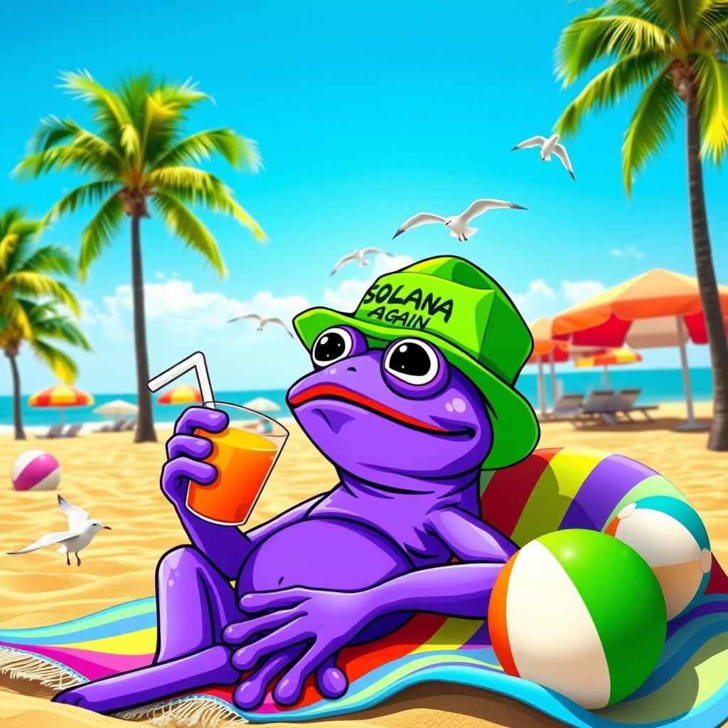 A funny and vibrant meme of a purple Pepe the Frog relaxing at a sunny beach
