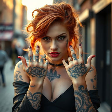 A sexy ginger girl with striking red hair styled in tousled waves, showcasing an array of detailed tattoos on her hands