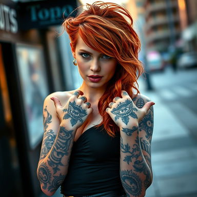 A sexy ginger girl with striking red hair styled in tousled waves, showcasing an array of detailed tattoos on her hands