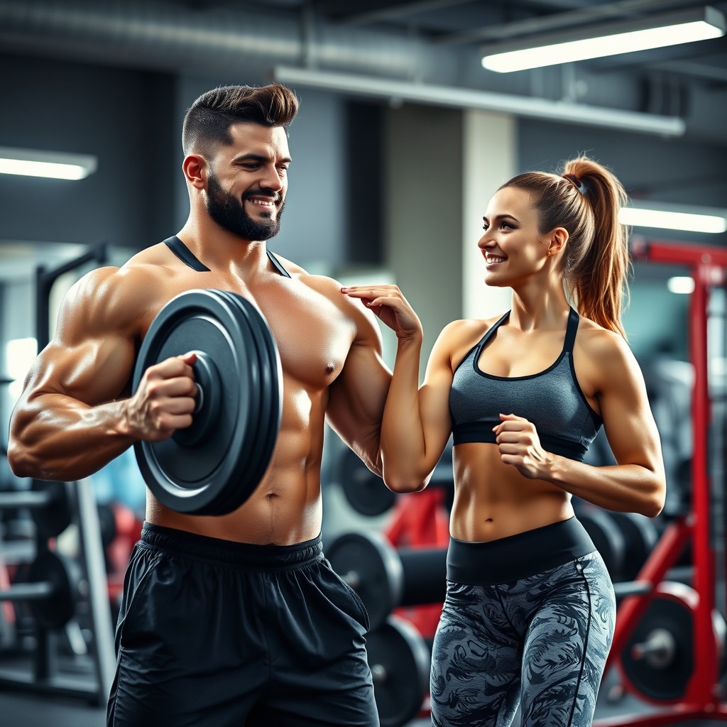 A motivating gym scene featuring two athletic partners working out together