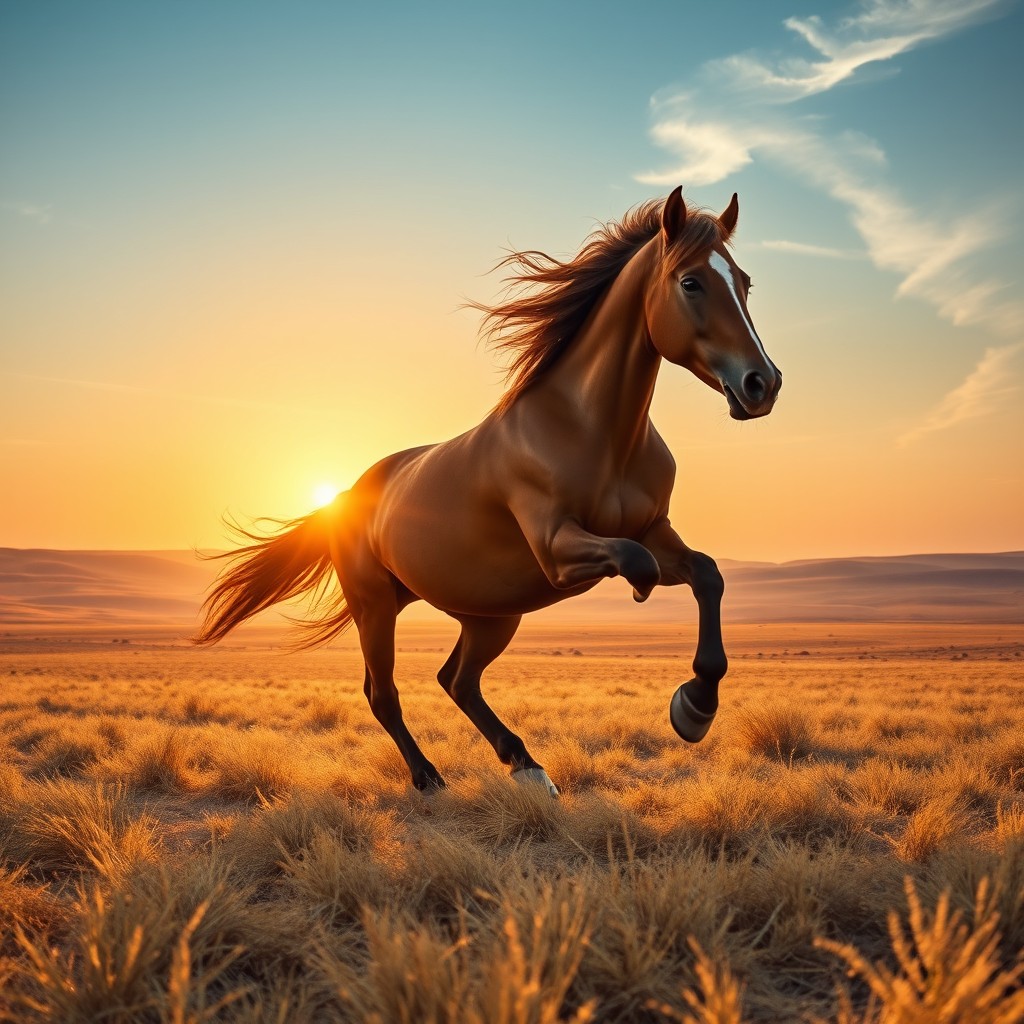 A majestic horse galloping gracefully across the vast steppe, with its mane flowing in the wind