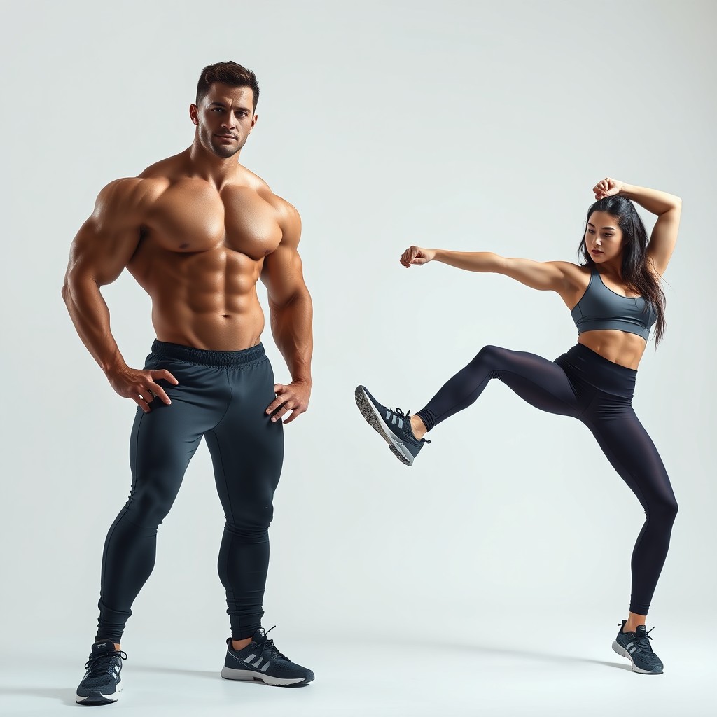 A professional fitness photoshoot featuring two fit models posing against a clean white background
