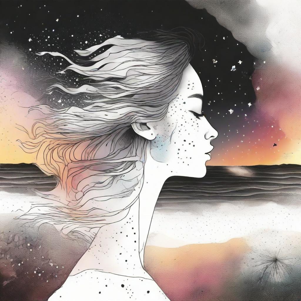 A drawing of a side face women in a sunset at the beach and a background with colliding galaxies from colors to back and white