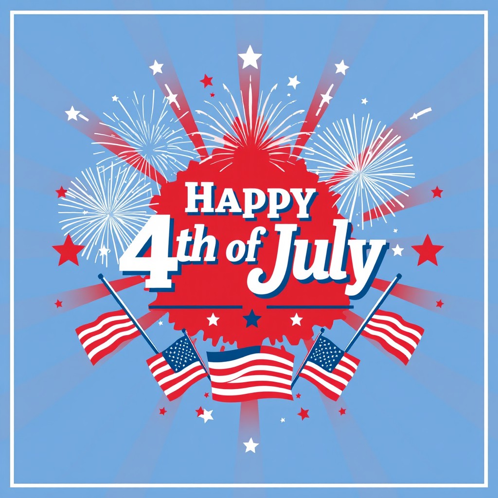 A festive 4th of July themed printable design featuring a bright and colorful background with red, white, and blue colors
