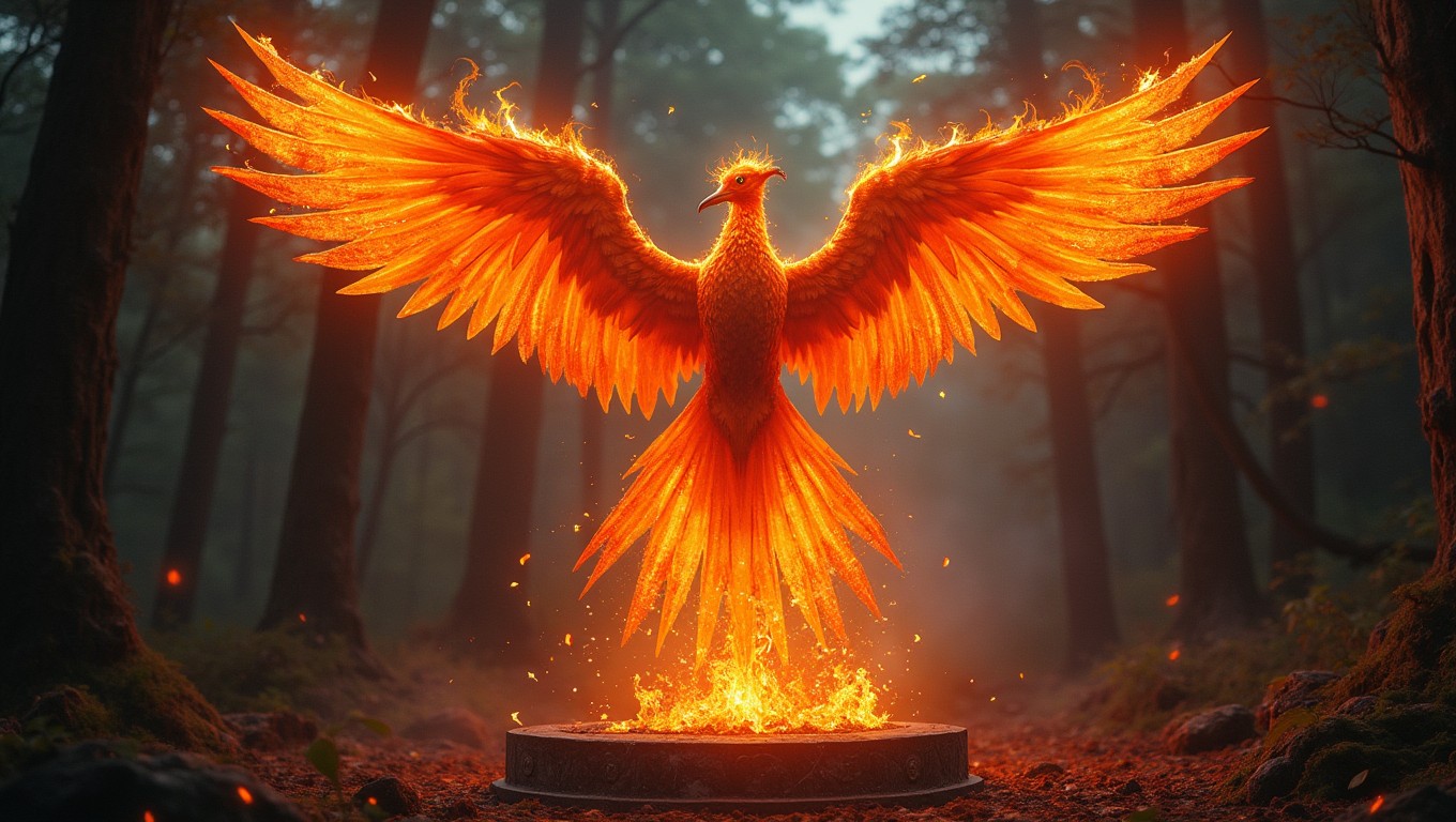 A majestic fiery phoenix reborn from glowing embers, soaring atop a charred ancient altar
