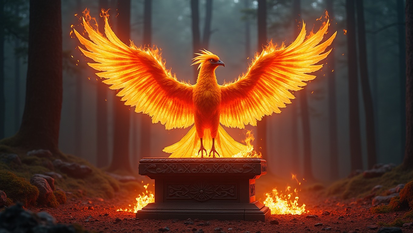A majestic phoenix reborn from glowing embers, perched atop a charred ancient altar, with vibrant wings made of flames spreading wide
