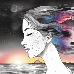 A drawing of a side face women in a sunset at the beach and a background with colliding galaxies from colors to back and white