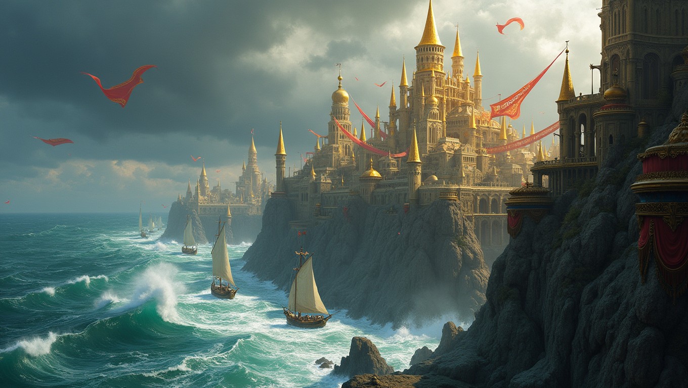 A sprawling city of golden towers, majestic and gleaming, perched dramatically on steep cliffs overlooking a tumultuous stormy sea