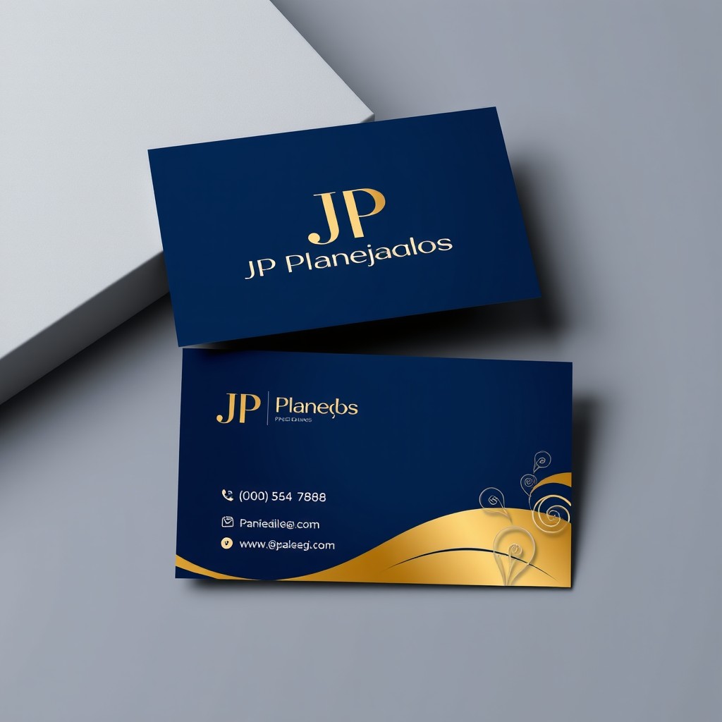 A stylish business card design prominently featuring the logo 'JP Planejados'