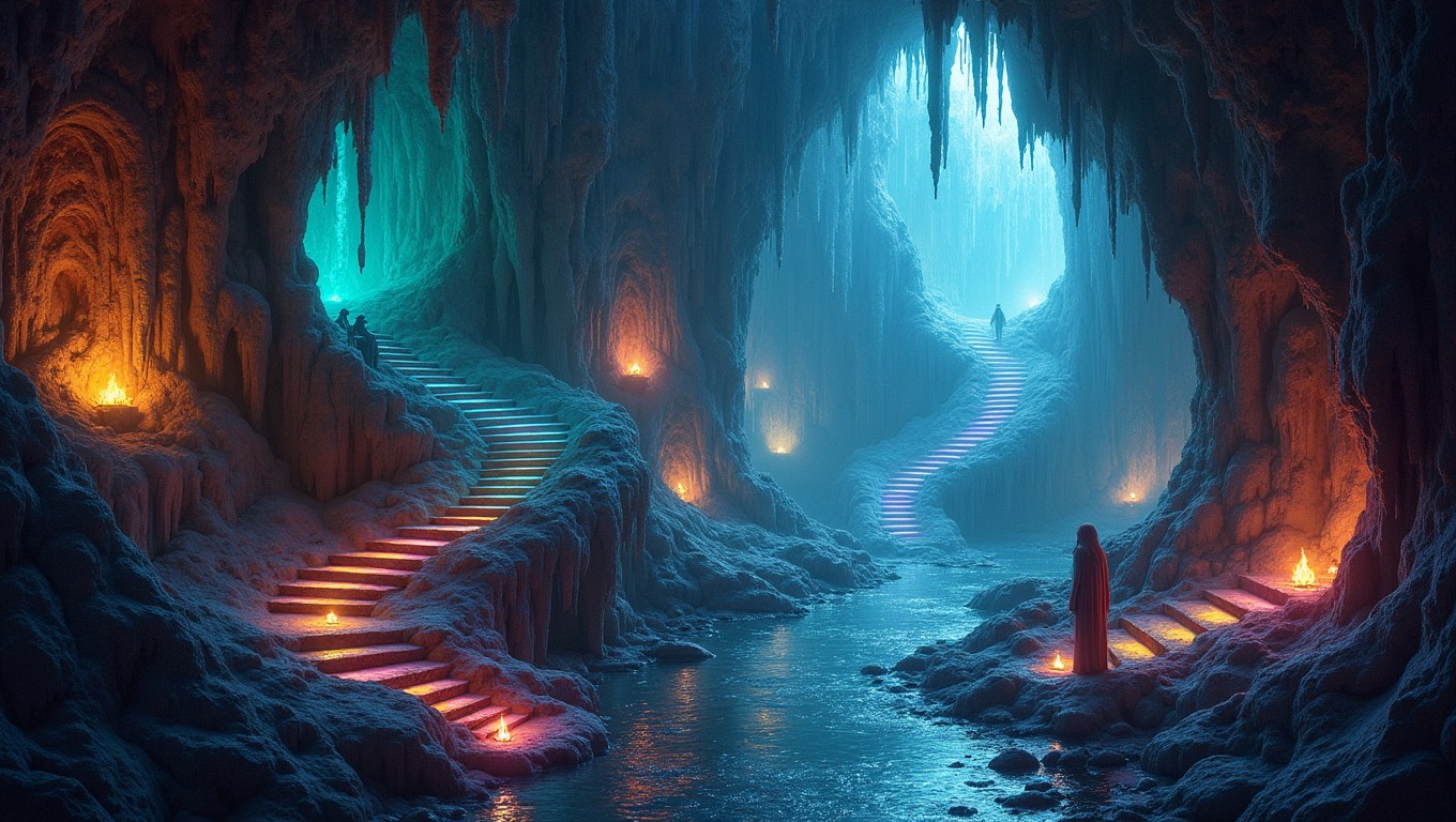 A hidden underground city filled with crystalline stalactites and bioluminescent lanterns illuminating the surroundings, creating a mystical atmosphere