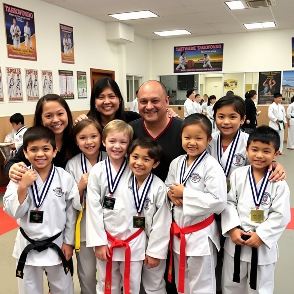 A joyful scene inside a Taekwondo school where young children, proudly wearing first place medals, embrace their parents