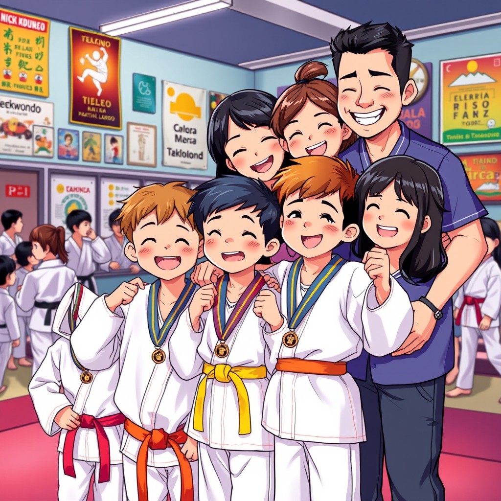 A vibrant anime-style illustration featuring Hispanic children practicing Taekwondo, proudly wearing first place medals