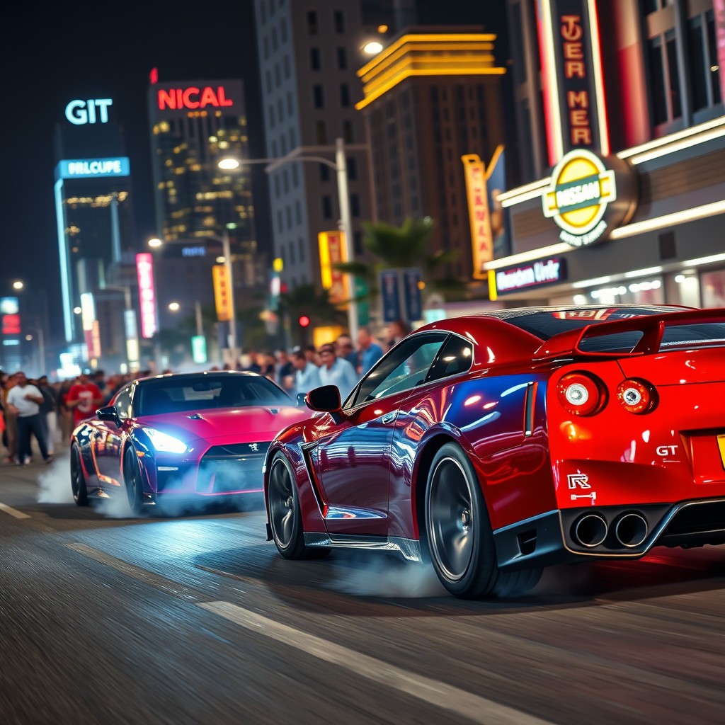 Thrilling Night Street Racing: Ferrari vs. Nissan GT-R in Neon Lights