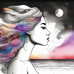 A drawing of a side face women in a sunset at the beach and a background with colliding galaxies from colors to back and white